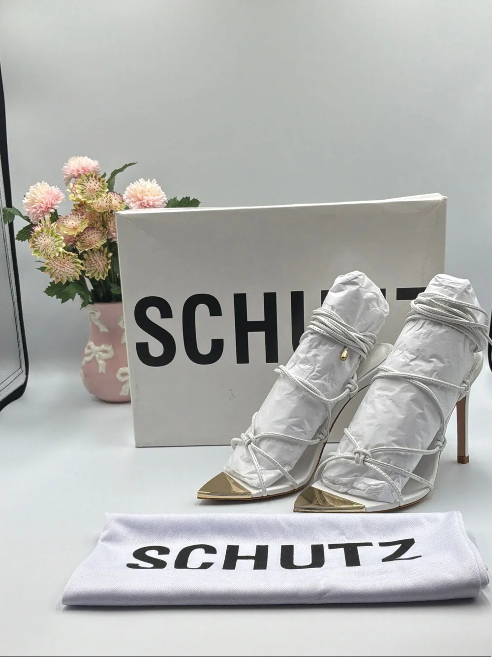 SCHUTZ White Strappy Pointed-Toe Stiletto Sandals with Gold Toe Accent